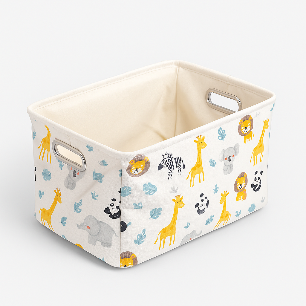 Panier de rangement en tissu – Animaux de la savane (girafe, lion, panda)